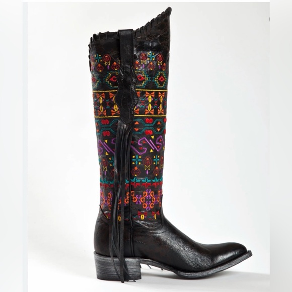 Johnny Ringo Sagrada Black Colorful Embroidered Tall Fringe Western Cowboy Boots - Picture 2 of 12